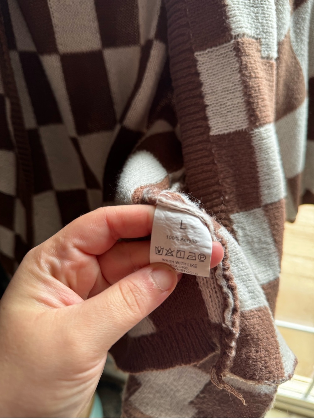 Cozy Checkerboard Open-Front Cardigan Sweater - Brown & Cream - Picture 2 of 2